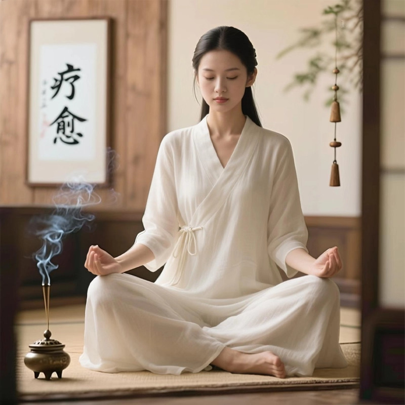 Zen Style Fairy-Like Healing Master Zen Clothing for Women Summer Slanted Lapel Lace-Up Meditation Meditation Practice Layman Clothing Set