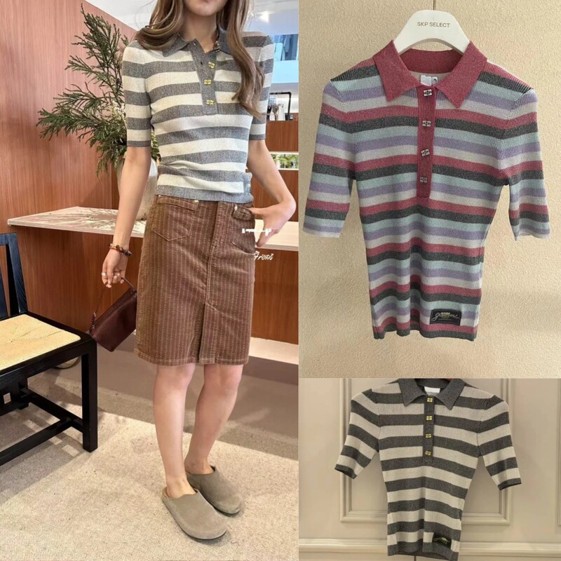 Real Wool! 25 Early Autumn New Gray and White Stripesd Polo Collar Knitted Stretch Slim Sweater Knitted Top Thin Real Wool! 25 Early Autumn New Gray and White Stripesd Polo Collar Knitted Stretch Slim Sweater Knitted Top Thin