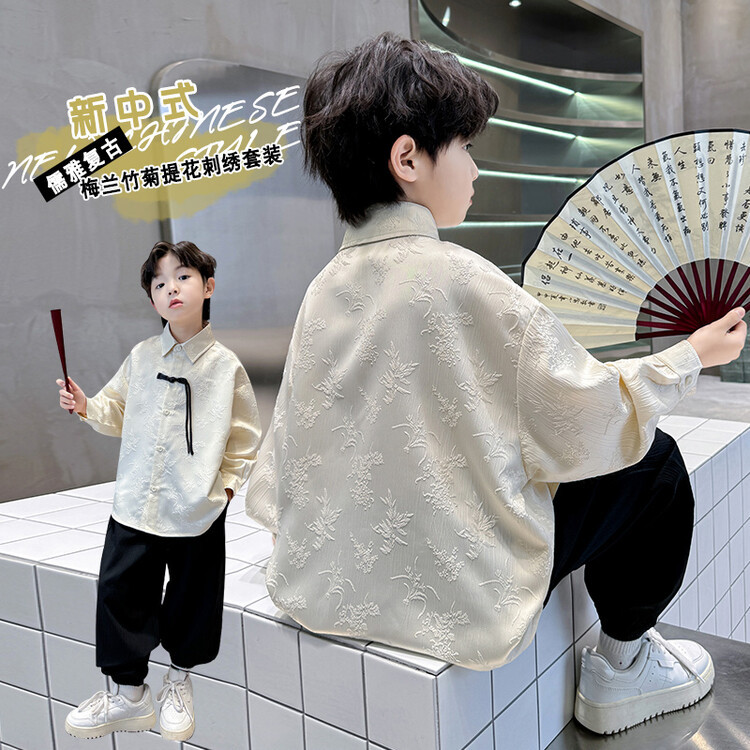 新款宝宝唐装薄款男童对襟长袖夏季中国风汉服儿童唐装套装