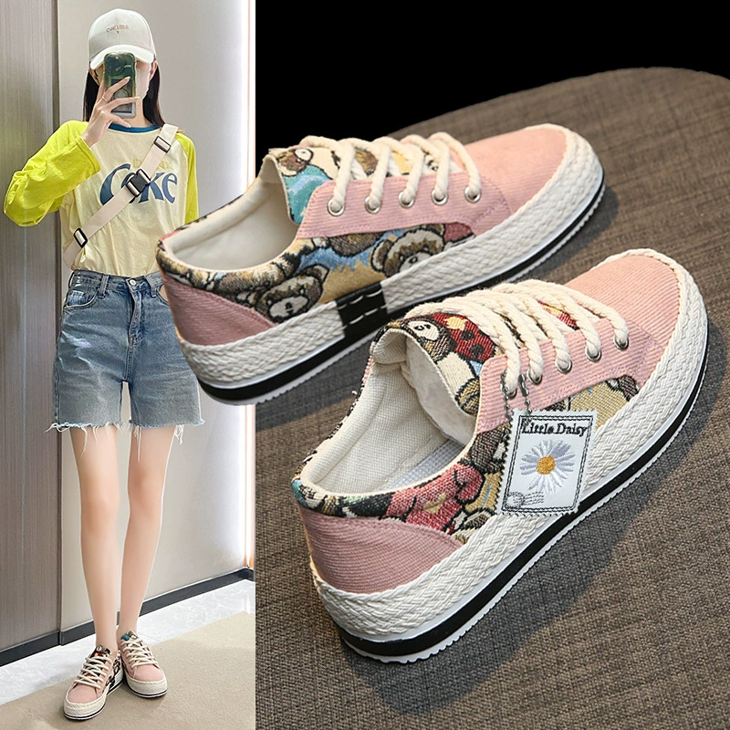 Тканевые туфли женские новые летние дышащие льняные туфли трендовые дикие туфли с толстым дном