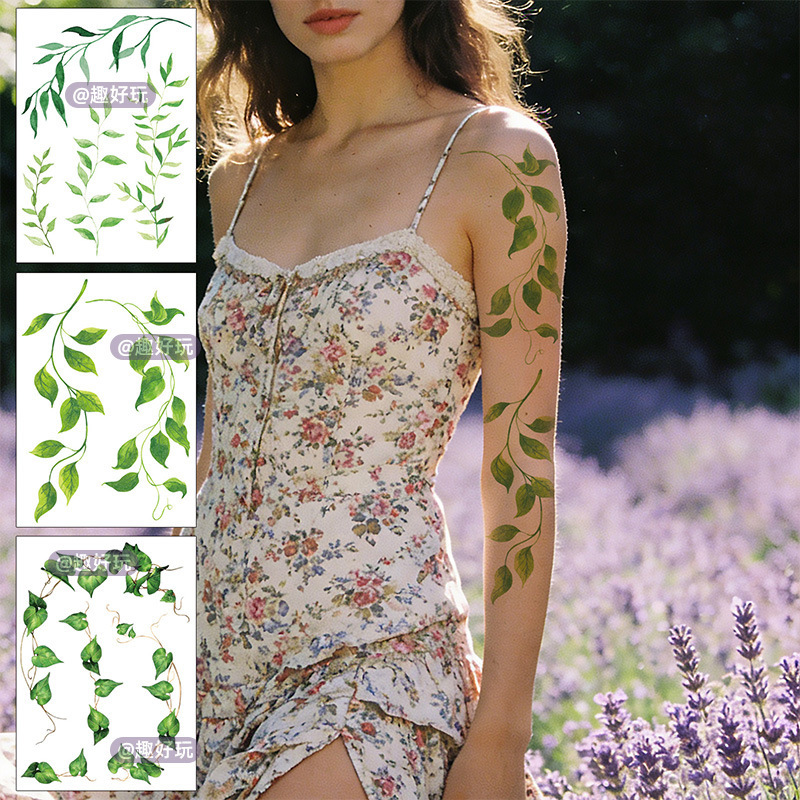 Cross-Border European and American Tattoo Stickers with Green Plant Vines, Branches, and Leaves, Waterproof and Sweat-Resistant Temporary Tattoo Stickers for Men and Women