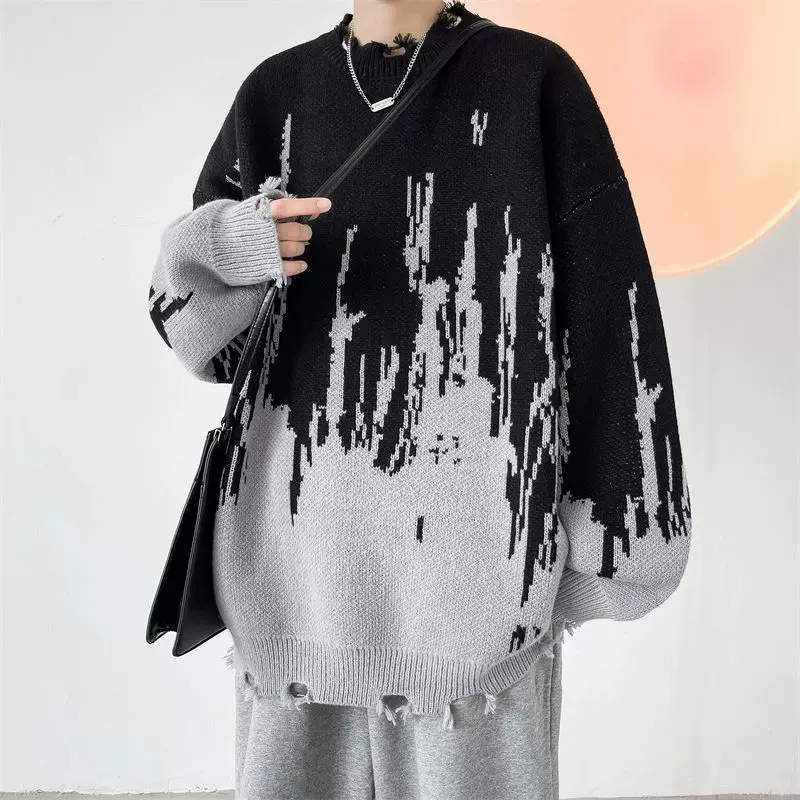 日系复古破洞毛衣男秋冬扎染设计感潮牌宽松大码青少年针织衫外套