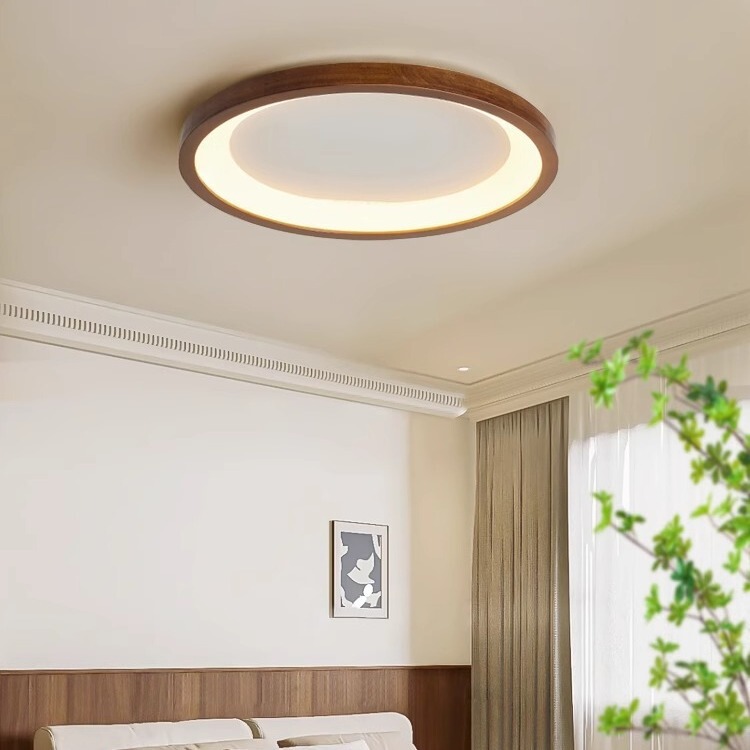 Cross-Border Walnut-Colored Bedroom Lamp, Natural Wood Vintage-Style Lighting Fixture, Round Master Bedroom Ceiling Lamp, Simple Room Study Lamp
