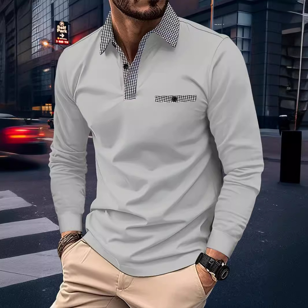 Long Sleeve Houndstooth Casual Golf Polo Shirt European and American Men's Summer Men's Thin Solid Color Long Sleeve