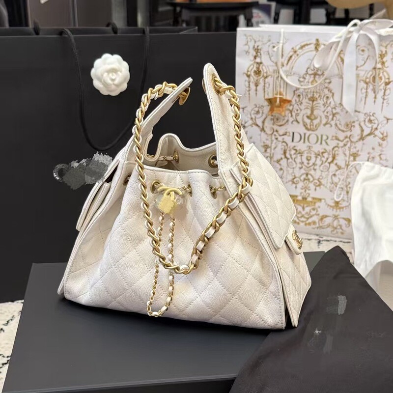 25Bag Genuine Leather Quilted Hobo Drawstring Chain 25C Bucket Bag Retro Large Capacity Single Armpit Women's Bag High Version