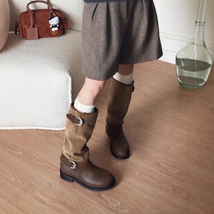 Cowhide version ~ color matching Dong Jie with high boots women 2024 new double buckle two wear pile boots retro boots