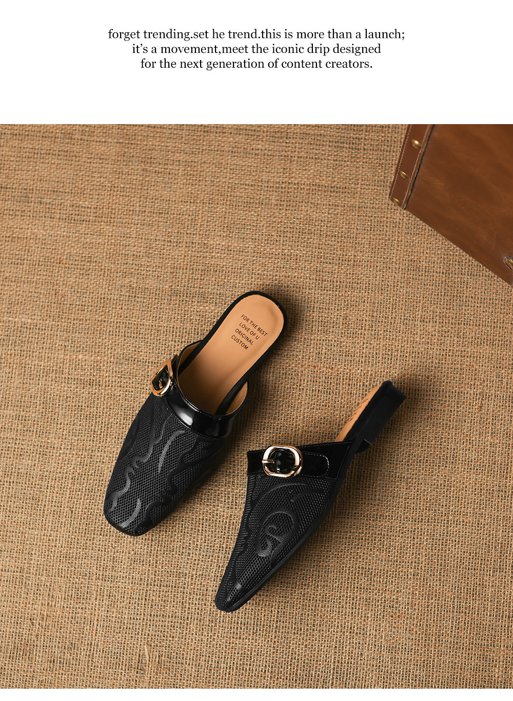 Dép sandal nữ mũi trùm đế bệt chất liệu da bò lưới sợi phong cách Muller — đen chi tiết 20