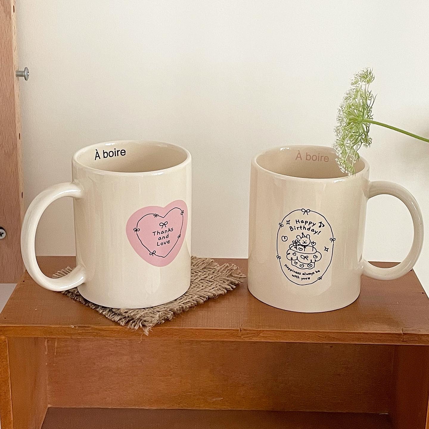 Cute Cartoon Happy Birthday Ceramic Mug For Couples Cream Colour_voghion.com
