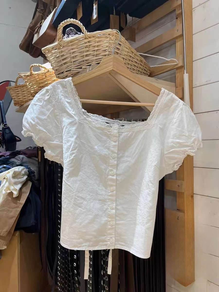 BM风美式复古夏季白色方领花边系带bm衬衫女修身系带泡泡袖上衣女