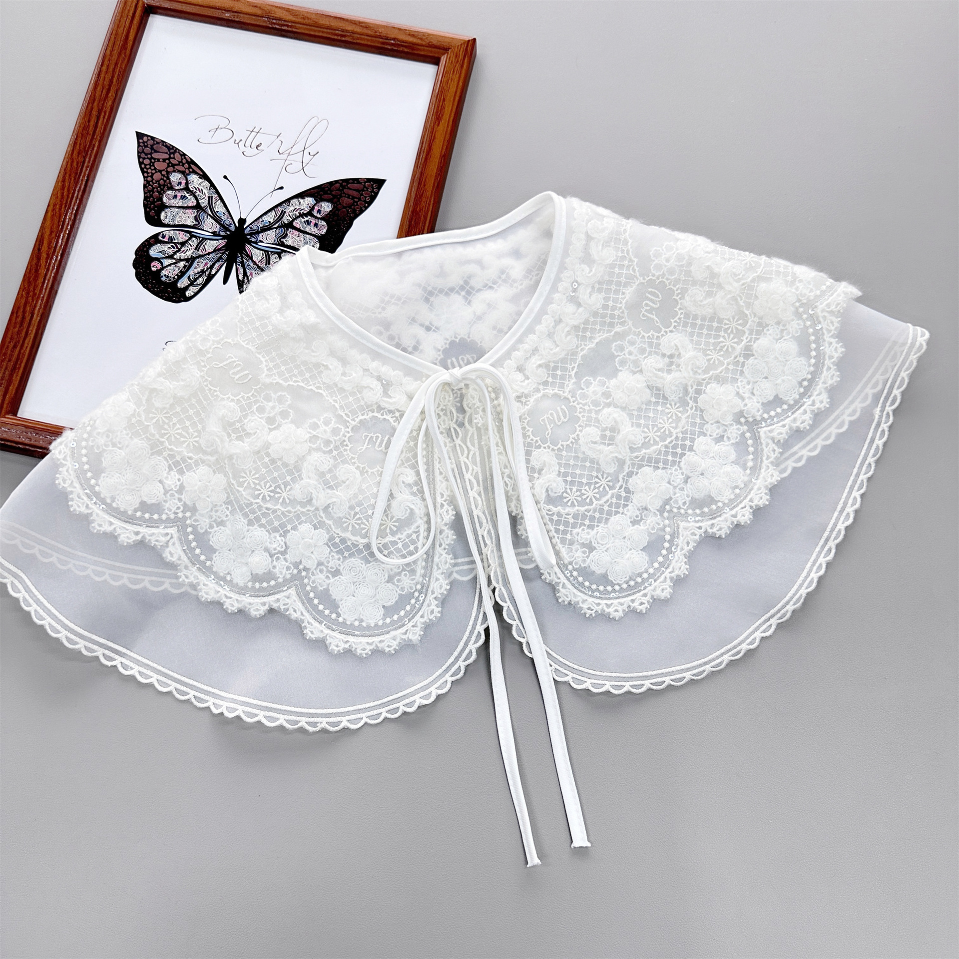 Cuello decorativo de doble capa de gasa, versátil, con lazo bordado a la moda, desmontable, para combinar con camisa, vestido o chal. image 1