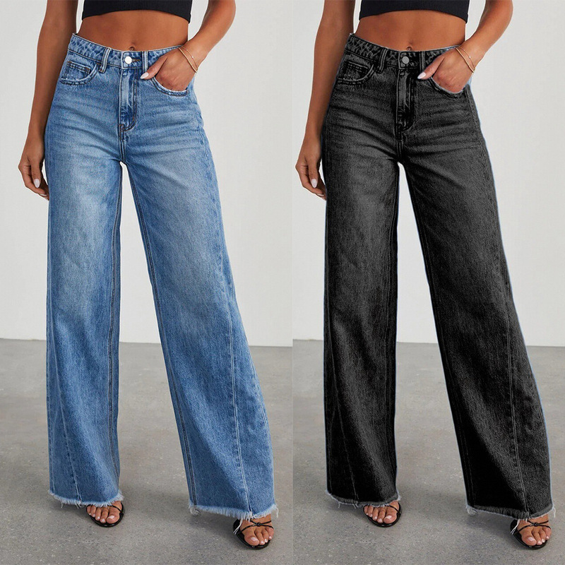2023 Europe and the United States cross-border new Amazon loose wide leg side stitching framed hem jeans women's 32150