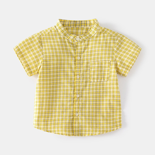 Summer soft and comfortable moisture-wicking plaid stand-collar short-sleeved fashionable outdoor casual style small and medium-sized boys' shirt