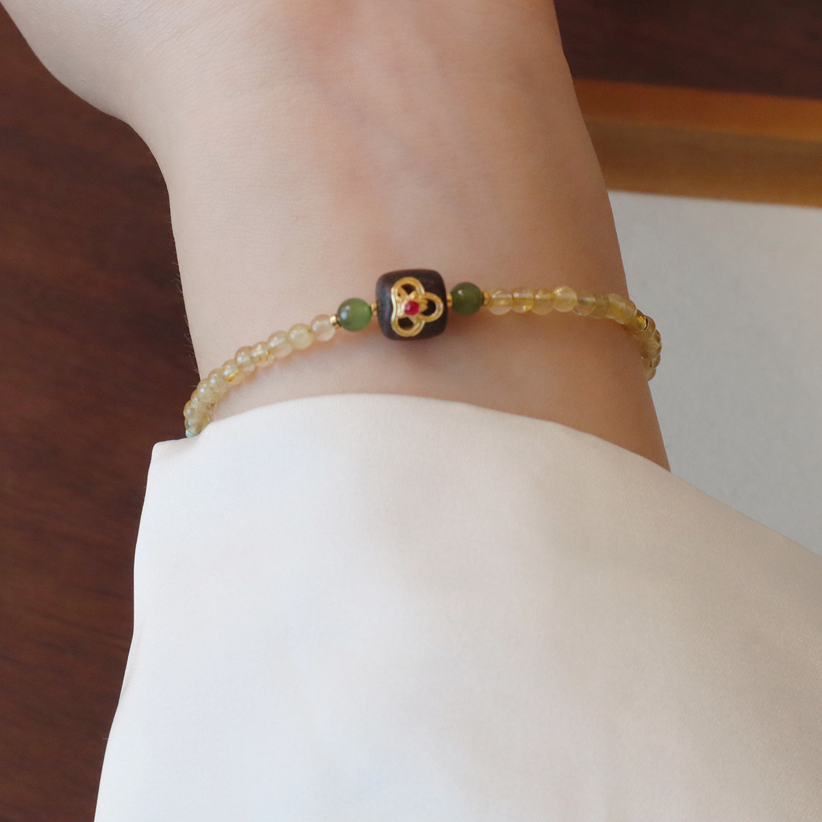 Natural Peridot & Golden Rutilated Quartz Layered Bracelet For Women_voghion.com