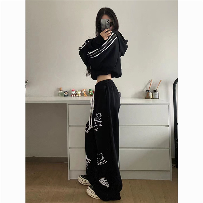 American Street Graffiti Print Sports Pants for Women Hip-Hop Loose Casual Pants Trendy Cool Hemp Rope Drawstring Wide Leg Pants