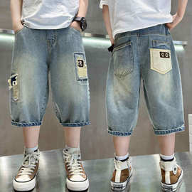 男童破洞牛仔裤2025新款潮酷男孩休闲裤夏季薄款中大童七分裤批发