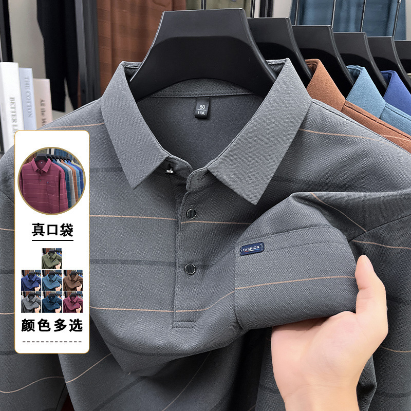 Non-pilling long-sleeve t-shirt for middle-aged and elderly men, 2026 autumn new style, turn-down collar, striped, with real pockets, men's polo shirt Non-pilling long-sleeve t-shirt for middle-aged and elderly men, 2026 autumn new style, turn-down collar, striped, with real pockets, men's polo shirt