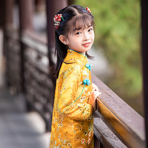 Girls yellow broca chinese dress qipao for kids republic of China tang suit cuff collar button Chinese girls hanfu ancient folk costumes for Children