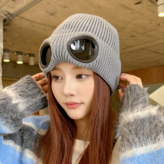 针织眼镜帽子男女毛线帽秋冬季加绒保暖防风护耳滑雪飞行员百搭
