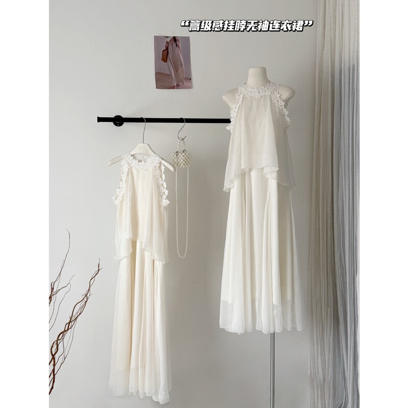 2026 Summer New Style Fragrant Halter Neck Fake Two-Piece Dress for Women, Gentle Fairy Style, Flowing Large Hem Mesh Long Dress