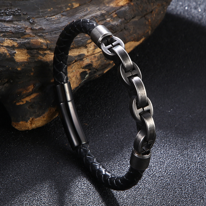 [Explosions] Cross-border leather bracelet handmade bracelet chain woven men's leather bracelet stainless steel snap button