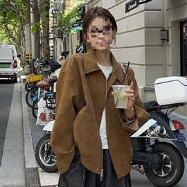 秋冬季新款复古仿麂皮绒外套女秋冬季宽松翻领休闲机车夹克上衣