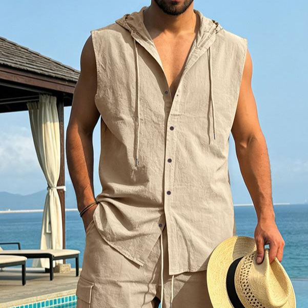Cross-Border Amazon Men's Casual Linen Hooded Shirt, Linen Material, Hot-Selling Comfortable Vest Shirt