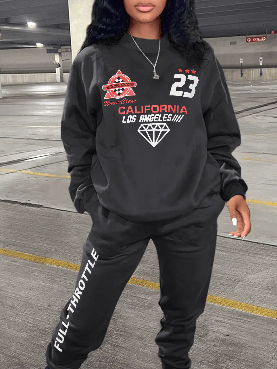 casual color matching round neck sweatshirt suit FULL letter print sweatshirt and sweatpants suit for women_voghion.com