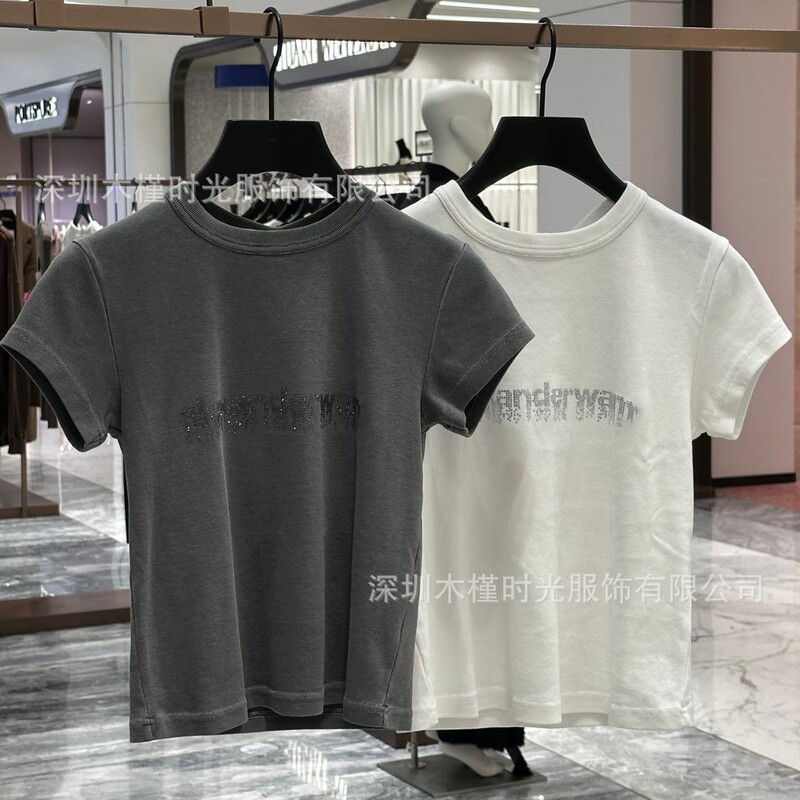 Aw2026 Spring and Summer New Hot Diamond Letter Round Neck Short-Sleeved T-Shirt Women's Slim Cotton Versatile Casual Style Top Trendy