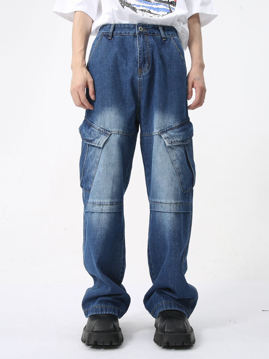 MTLCLOTHES para hombre | 2024 verano nuevo producto deconstrucción de nicho de bolsillo grande azul oscuro jeans de trabajo blanco