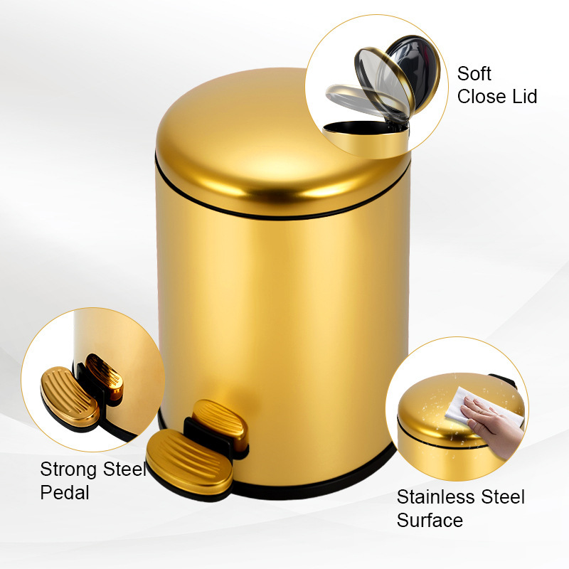Cross-Border Titanium Gold Trash Can Stainless Steel with Lid Curved Bread Lid Foot Pedal Flip Lid Bathroom Amazon 5L