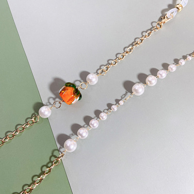 新款柿柿如意眼镜链珍珠琉璃珠古风挂脖眼镜链条金色女装饰链条|ms