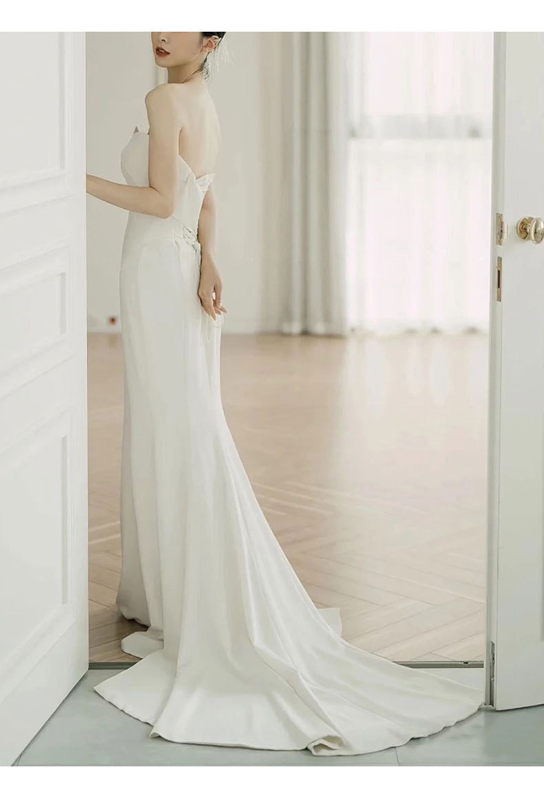 Mermaid Style Light Wedding Dress Satin Strapless Bridal Gown With Short Train Elegant Forest Style Slimming Evening Gown_ecoleips.com