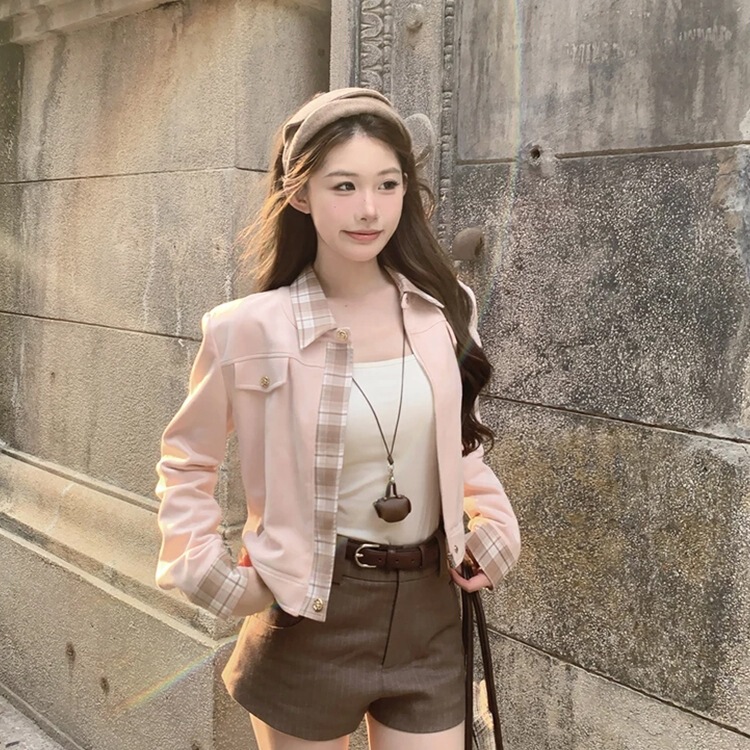 莉莉子多伦多秋日 粉色翻领撞色百搭长袖外套女气质显瘦格纹夹克|undefined