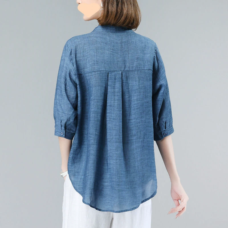 100kg Женская рубашка из хлопка и льна, лето 2025, с коротким рукавом, большой размер, одежда для мам, тонкий топ с рукавом три четверти среднего размера