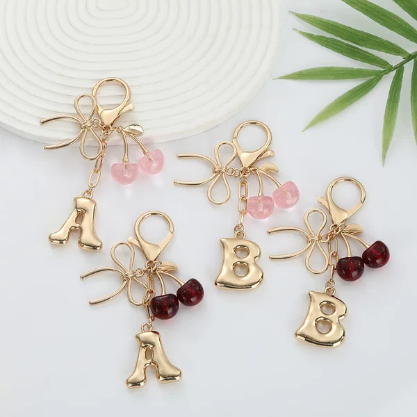 Cross-Border Hot-Selling Bubble English Letter Bow Cherry Keychain Creative Letter Girl Bag Pendant Accessory