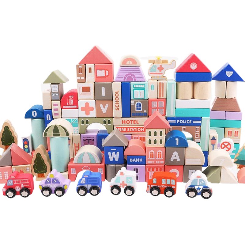 Bloques de construcción de madera para niños 115 piezas macaron ciudad piso grandes partículas montaje bloques juguetes educativos