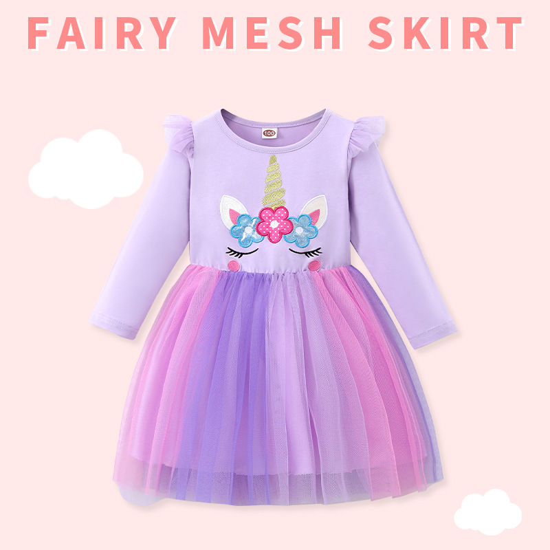 Girls Long-Sleeved Princess Dress Simple and Cute Colorfulful Mesh Skirt Cartoon Popular Unicorn Kidsren's Dress Kidsren's Clothing