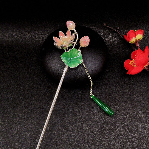 New Chinese style lotus lotus root tassel hairpin for women, ancient style, versatile oil hairpin, retro Hanfu cheongsam accessories, headdress