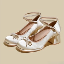 增高缎面蝴蝶结粗跟玛丽珍鞋女仙女风小个子增高浅口单鞋高跟女鞋