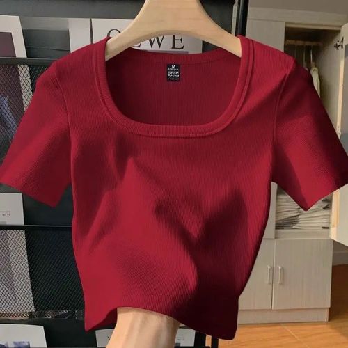 Pure cotton burgundy square collar right shoulder short-sleeved T-shirt for women summer slim fit inner layer short top