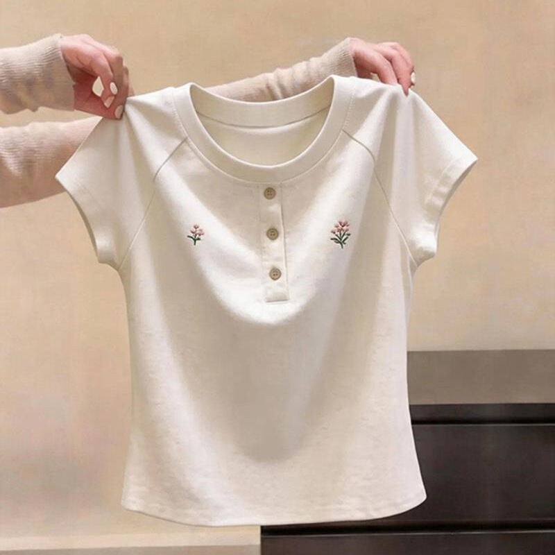 Summer 210g 40-Count Cotton American Retro Embroidered White Regular Shoulder Short-Sleeve T-Shirt for Women, Slim Fit, Waist-Cinching Top