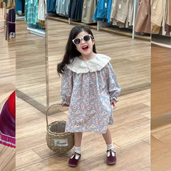 韓國童裝2024女童春秋田園風花邊翻領藍花長袖公主裙女寶寶連衣裙
