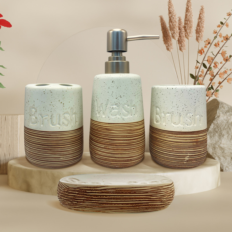 Washing Kit Bottled White Body Wood Grain Base Logo Toilet Lotion Bottle Soap Dish Ceramic Bathroom Four-Piece Set