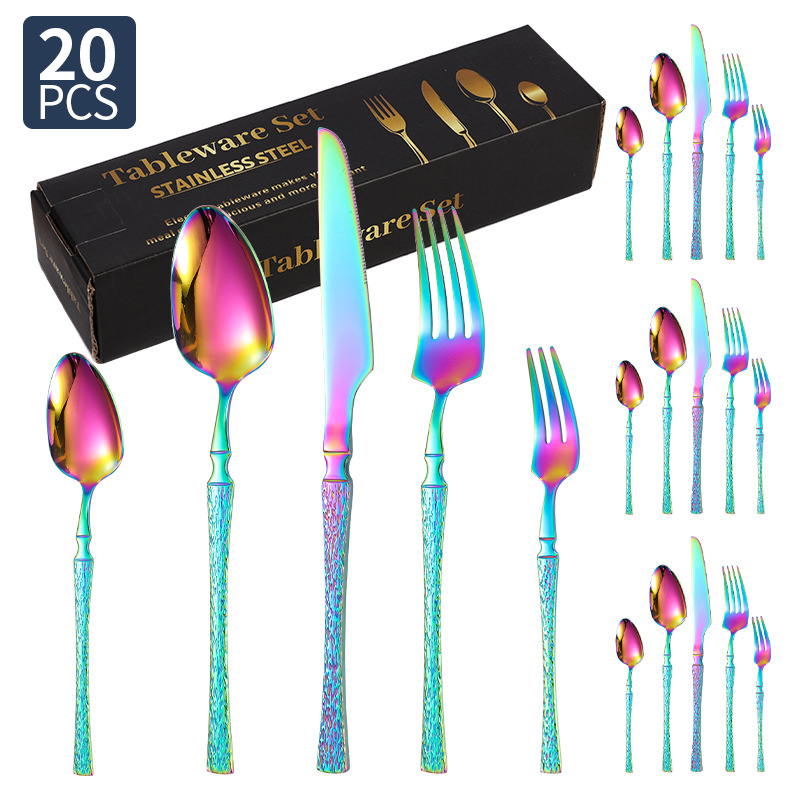 Cuchillos, tenedores y cucharas de acero inoxidable con cintura pequeña transfronteriza Juego de vajilla de acero inoxidable con cuchillo y tenedor de filete dorado, juego de 20/24/30