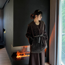 『倾城夜色』天然裘皮羊皮毛一体V领简约大衣中长款腰带皮草新款