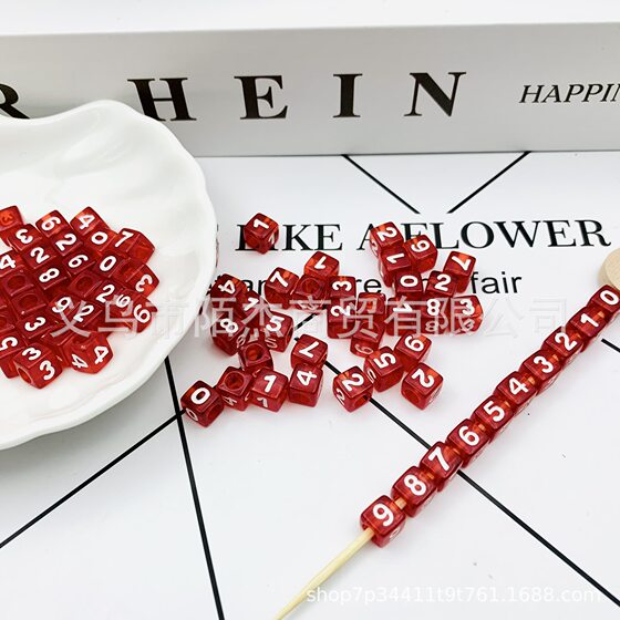 7mm Acrylic Square Red Bottom White Digital Letter Beads Children DIY Creative Bracelet Accessories Beads