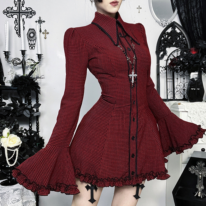 Xs25316 Dark Plaid Shirt Dress 2025 New Gothic Music Festival Punk Skirt Outfit Xs25316 Dark Plaid Shirt Dress 2025 New Gothic Music Festival Punk Skirt Outfit