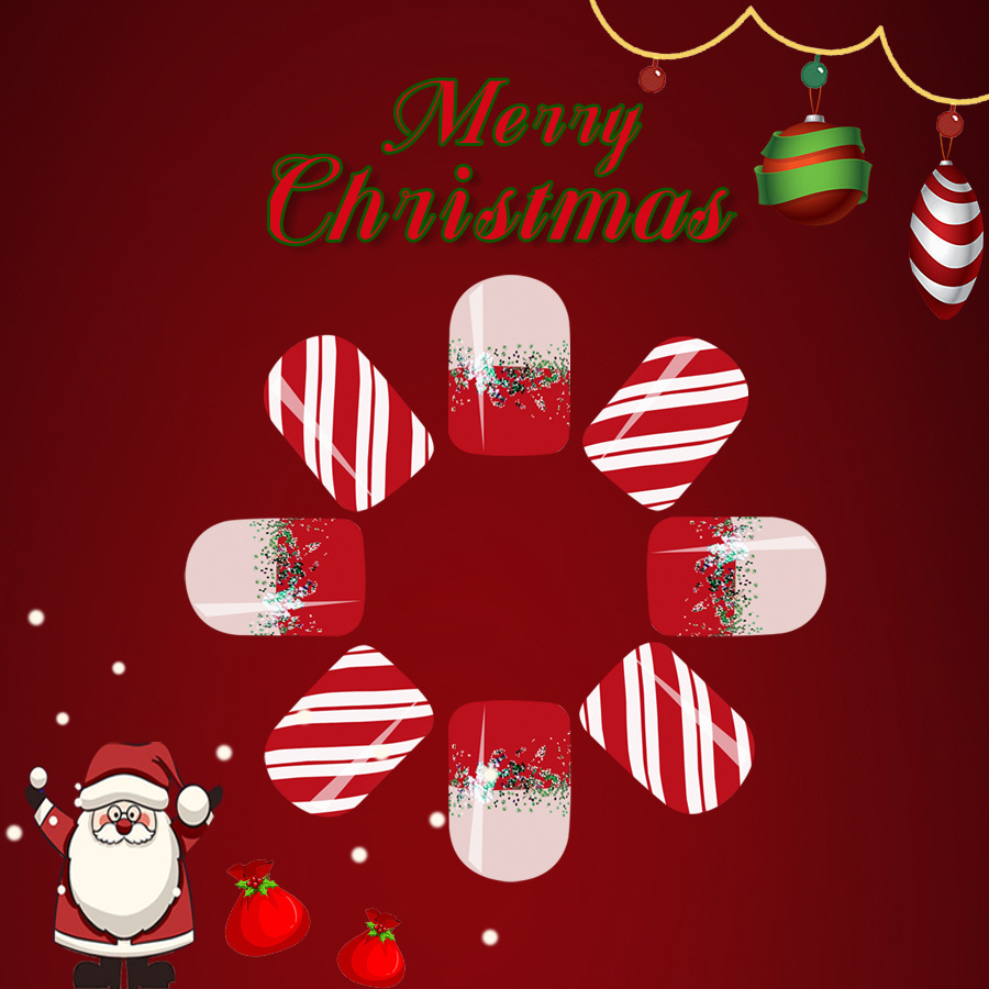 Short Gloose Square Armor 2024 New Christmas Red with Green Gradient Stripe Detachable Wear Nail Patch 24 Pieces_voghion.com