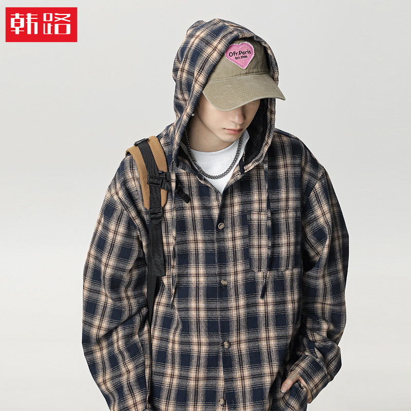Retro Contrasting Plaid Hooded Long-Sleeved Shirt 26 Spring New Style American Casual Loose Couple Shirt Jacket Q Retro Contrasting Plaid Hooded Long-Sleeved Shirt 26 Spring New Style American Casual Loose Couple Shirt Jacket Q