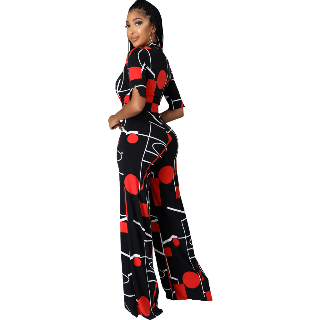 Long Sleeve Print V-Neck Jumpsuit NSMRF116539